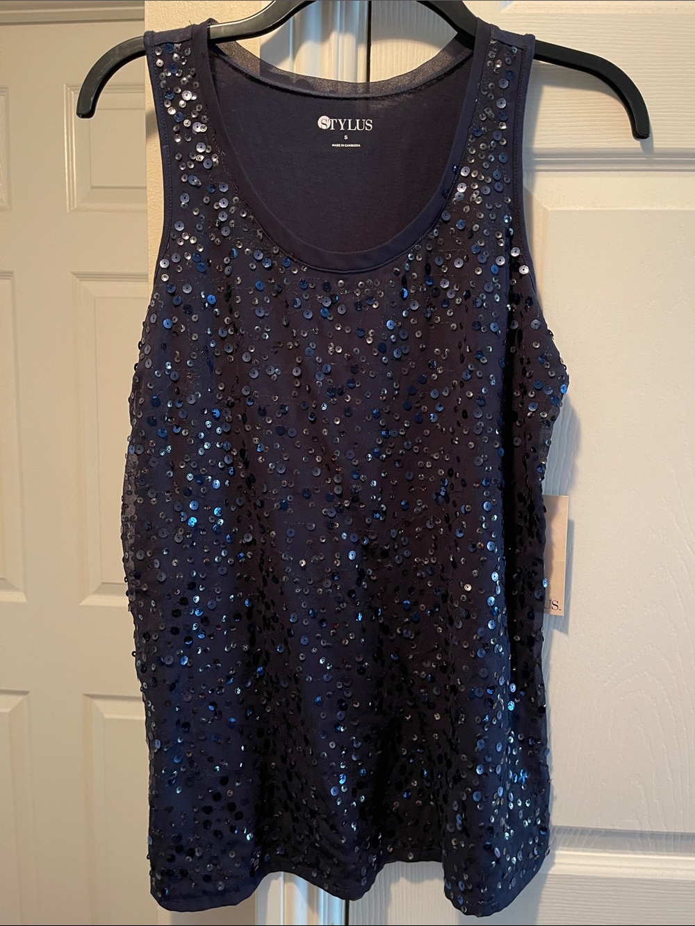 STYLUS Navy Sequin Scoop Neck Tank